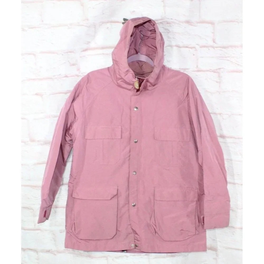 Vintage LL Bean Pink Nylon Lined Hooded Snaps Button Jacket Size L - Picture 1 of 9